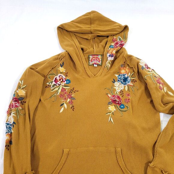 Isla Thermal floral Embroidered Hoodie Johnny Was M Mustard Yellow Cotton Boho - Picture 4 of 13